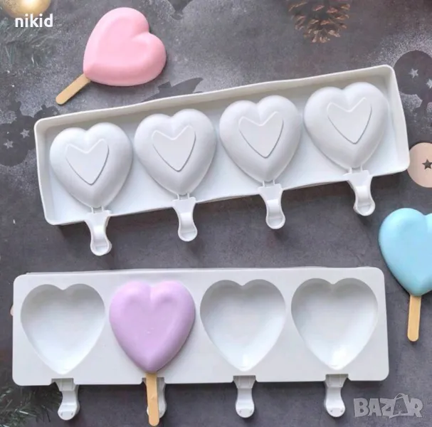 4 обли сърца сърце ескимо сладолед Popsicle Попсикъл молд силиконова форма калъп за направа десерти, снимка 1