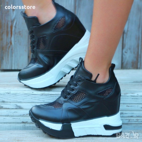 Кецове на платформа - черна кожа с бяло ходило - 5682, снимка 1