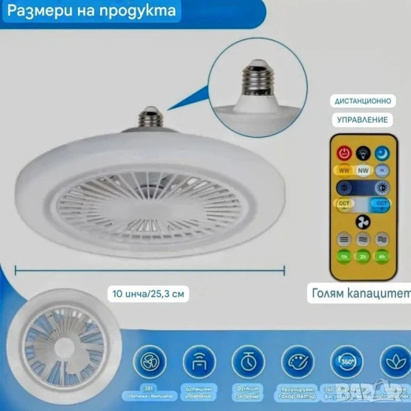 Лед лампа с вентилатор и дистанционно управление , снимка 1