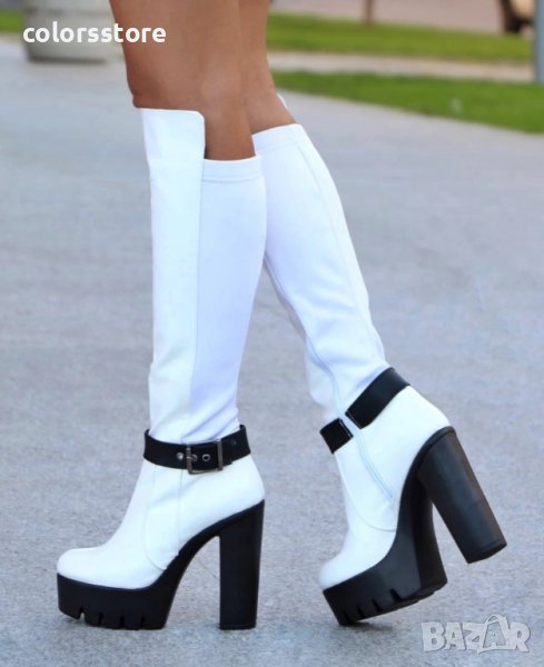 Ботуши на ток - бяла кожа с черно ходило - 105-19, снимка 1