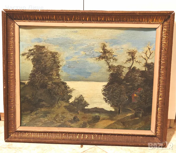 Старинна Голяма Картина Пейзаж Маслени Бои, Картон от 1930те г., снимка 1