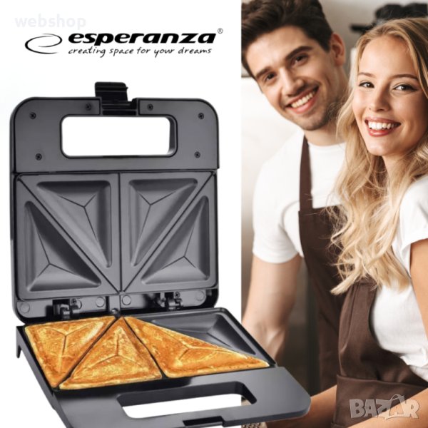 Тостер-сандвич Esperanza EKT010 Parmigiano, 1000W, триъгълник, Черен/Бял, 2 ГОДИНИ ГАРАНЦИЯ, снимка 1