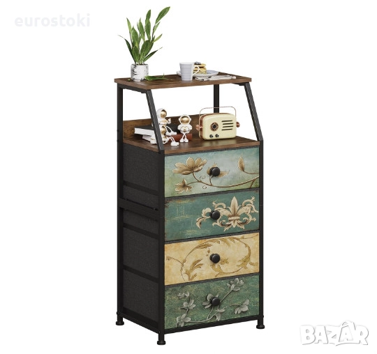 Скрин VEDECASA, скрин с 4 чекмеджета от плат, с отворен рафт, метална рамка, дървен плот, винтидж , снимка 1