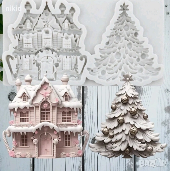Снежна зимна къща елха коледен зимен силиконов молд форма фондан шоколад декор, снимка 1