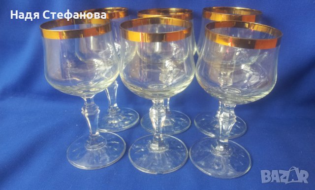 Ретро кристални чаши за алкохол, златен кант, столче, 6 бр 