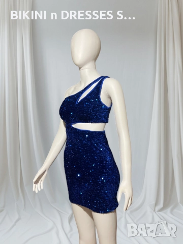 Синя рокля с пайети асиметрична едно рамо ХИТ, снимка 7 - Рокли - 39108658