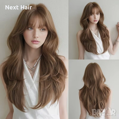 Светло кафява чуплива перука с бретон 70 см, снимка 2 - Аксесоари за коса - 53915321