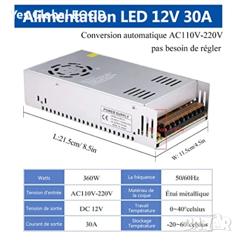 Захранване 12V 30A 360W AC/DC SMPS адаптер, снимка 2 - Друга електроника - 54136932