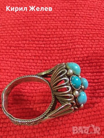 СТАРИНЕН СРЕБЪРЕН ТЮРКОАЗЕН ВЪЗРОЖДЕНСКИ ПРЪСТЕН ЕСТЕСТВЕН ТЮРКОАЗ СРЕБРО КУЮМДЖИЙСКА РАБОТА 22627, снимка 2 - Антикварни и старинни предмети - 33045324