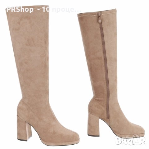 Дамски високи ботуши с ток, велур, св.кафяви, снимка 3 - Дамски ботуши - 52046864