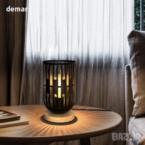 HHMTAKA Метална LED нощна лампа с дървена основа, черна, 22 см, снимка 4 - Настолни лампи - 44185998