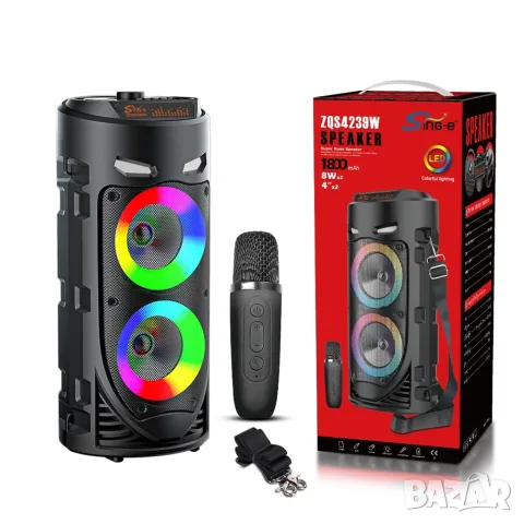Караоке тонколона 1TECH ZQS-4239, 2x4", Bluetooth, безжичен микрофон, RGB LED