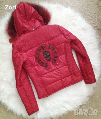 ОРИГИНАЛНО червено яке с подвижна качулка с естествен косъм, снимка 6 - Якета - 42743771