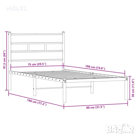 vidaXL Метална рамка за легло, без матрак, опушен дъб, 75x190 см, снимка 9 - Спални и легла - 56147490