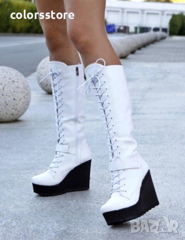 Ботуши на платформа - бяла кожа с черно ходило - 1905