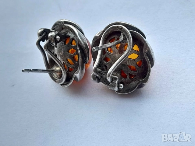Ретро френски сребърни обеци с естествен кехлибар, снимка 2 - Обеци - 52837860