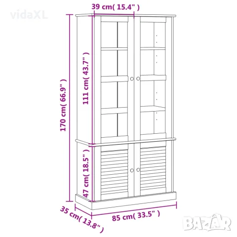 vidaXL Стъклен шкаф витрина VIGO 85x35x170 см бор масив, снимка 9 - Секции и витрини - 56147327