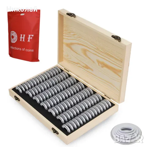 Дървена кутия за 100 монети + капсули + уплътнители за съхранение на монети класьор албум монета