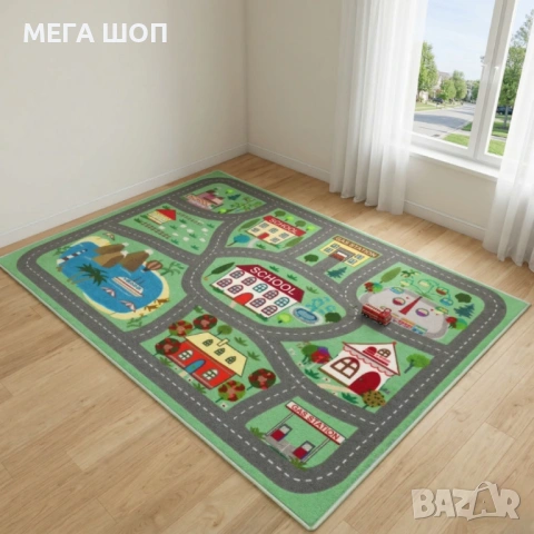 Детски килим за игра 120х160см - Зелен килим с училище и пътища, противоплъзгащ и миещ се