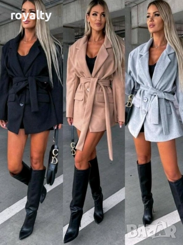 Дамско сиво късо палто с колан / Различни цветове 