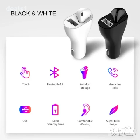 2в1 Безжична Bluetooth Слушалка + Зарядно за кола Хендсфри обаждания и USB порт за бързо зареждане, снимка 9 - Друга електроника - 50535900
