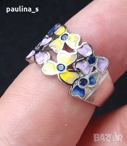 Пръстен с ръчно рисуван емайл и кристали - s925 за кутрето, снимка 6 - Пръстени - 29516190