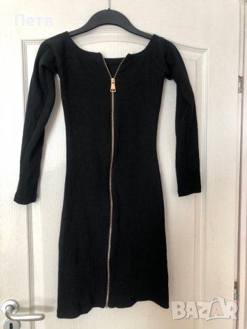 Дамска черна рипсана рокля с цип от горе до долу, снимка 1