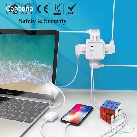 Power Magic Cube USB, 4 гнезда, 2хUSB, 1xType C, 16A, бутон за включване , снимка 4 - Друга електроника - 34147138