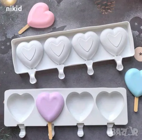 4 обли сърца сърце ескимо сладолед Popsicle Попсикъл молд силиконова форма калъп за направа десерти