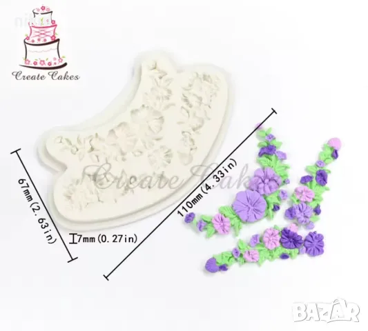 Цветя фунийки 2 реда силиконов молд форма фондан украса декор торта сладки, снимка 3 - Форми - 48060778