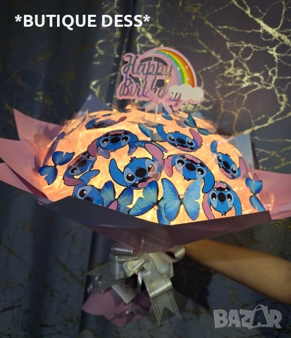 Ръчно изработен светещ букет "Стич", снимка 5 - Подаръци за рожден ден - 53090993