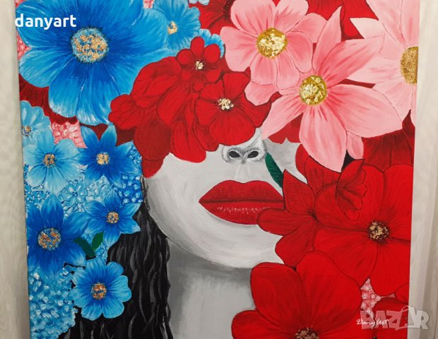 Ръчно рисувана картина – Жена скрита зад цветята, снимка 2 - Картини - 34418907