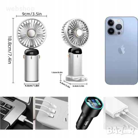 Преносим вентилатор, Мини, USB дигитален дисплей, Акумулаторен с 5 спирални перки, 5 скорости, снимка 4 - Вентилатори - 50502450