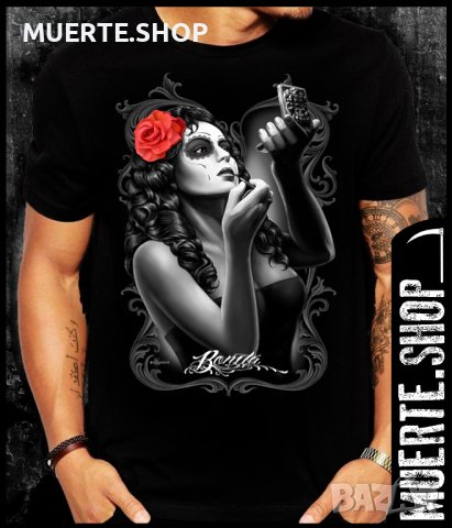 Черна тениска с щампа LA MUERTE BONITA BLACK, снимка 1 - Тениски - 42671459