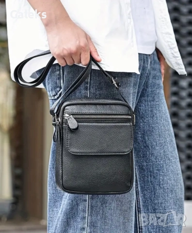 Мъжка компактна кожена чантичка с капаче / Гланцова черна естествена кожа!, снимка 2 - Чанти - 53101729