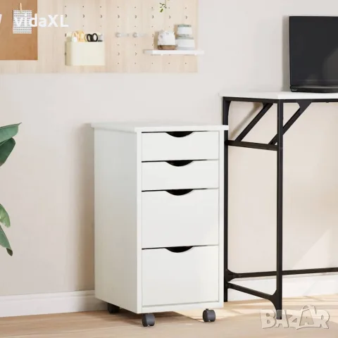vidaXL Шкаф с чекмеджета на колелца MOSS, бял, бор масив, снимка 2 - Шкафове - 56147337