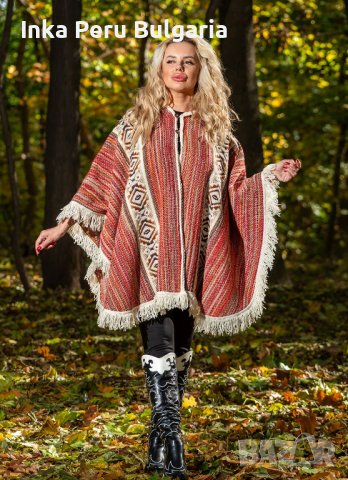 Автентичнo еквадорско унисекс отворено пончо, 100% вълна, оранжево-червено , снимка 2 - Блузи с дълъг ръкав и пуловери - 40189753