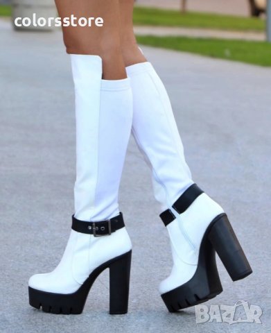 Ботуши на ток - бяла кожа с черно ходило - 105-19