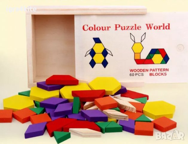 Цветен дървен пъзел мозайка 60 части с цветни блокчета конструктор стрител, снимка 2 - Образователни игри - 36583255