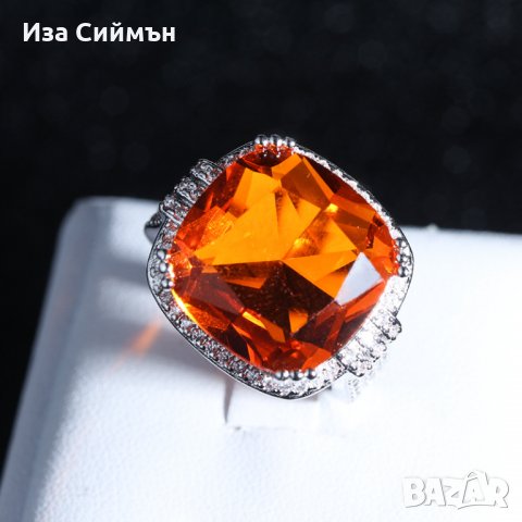 Масивен сребърен пръстен с голям оранжев цирконий, снимка 4 - Пръстени - 34984448