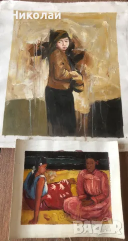 Картини – „Таитянски жени на плажа“ и авторски портрет на момиче, маслени бои, от Париж, нови, снимка 6 - Картини - 47476041