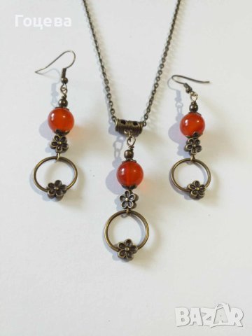 Новият ни комплект обеци и колие с камъни Карнеол и халки и цветя в цвят Античен бронз , снимка 7 - Бижутерийни комплекти - 42025857