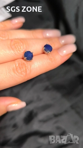 Сребърни обеци със син сапфир, снимка 2 - Обеци - 52871633