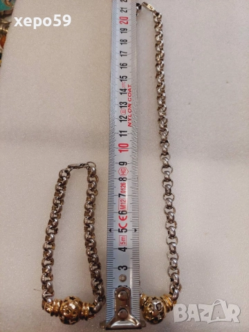 Прекрасна сребърна авторска дамска гривна и колие.Сребро проба 925,златни 9 каратови апликации, снимка 7 - Колиета, медальони, синджири - 52293101