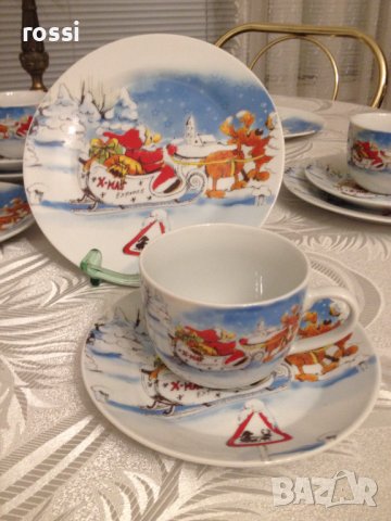 Старинен немски Коледен комплект за кафе/чай и десерт сервиз сет трио, снимка 1 - Сервизи - 36676658