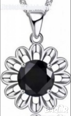Сребърно колие с ланче цвете с кристали,black/ново, снимка 1