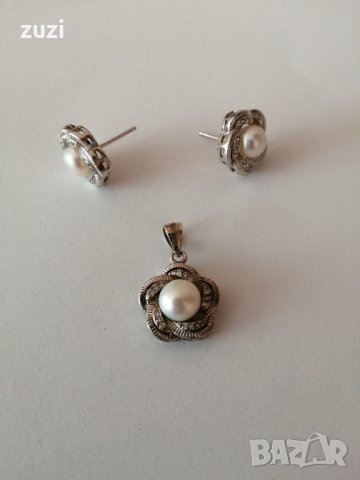 Сребърени обеци с перли и цирконий - 925 сребро , снимка 3 - Обеци - 30427012