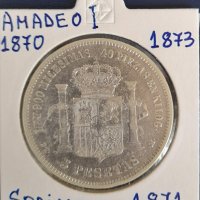 Монета Испания - 5 Песети 1871 г. Крал Амадео I - Сребро, снимка 1 - Нумизматика и бонистика - 31664443