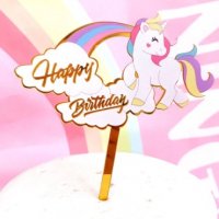Еднорог дъга с облаци Happy Birthday твърд Акрил топер за торта украса, снимка 1 - Други - 30604435