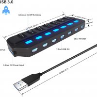 7 портов USB 3.0 Hub, Data Hub, LED, с индивидуални превключватели, снимка 2 - Други - 34895570